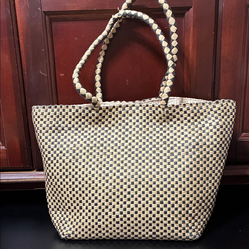 Stylish vintage Black and Tan Woven Tote Bag with attached coin purse